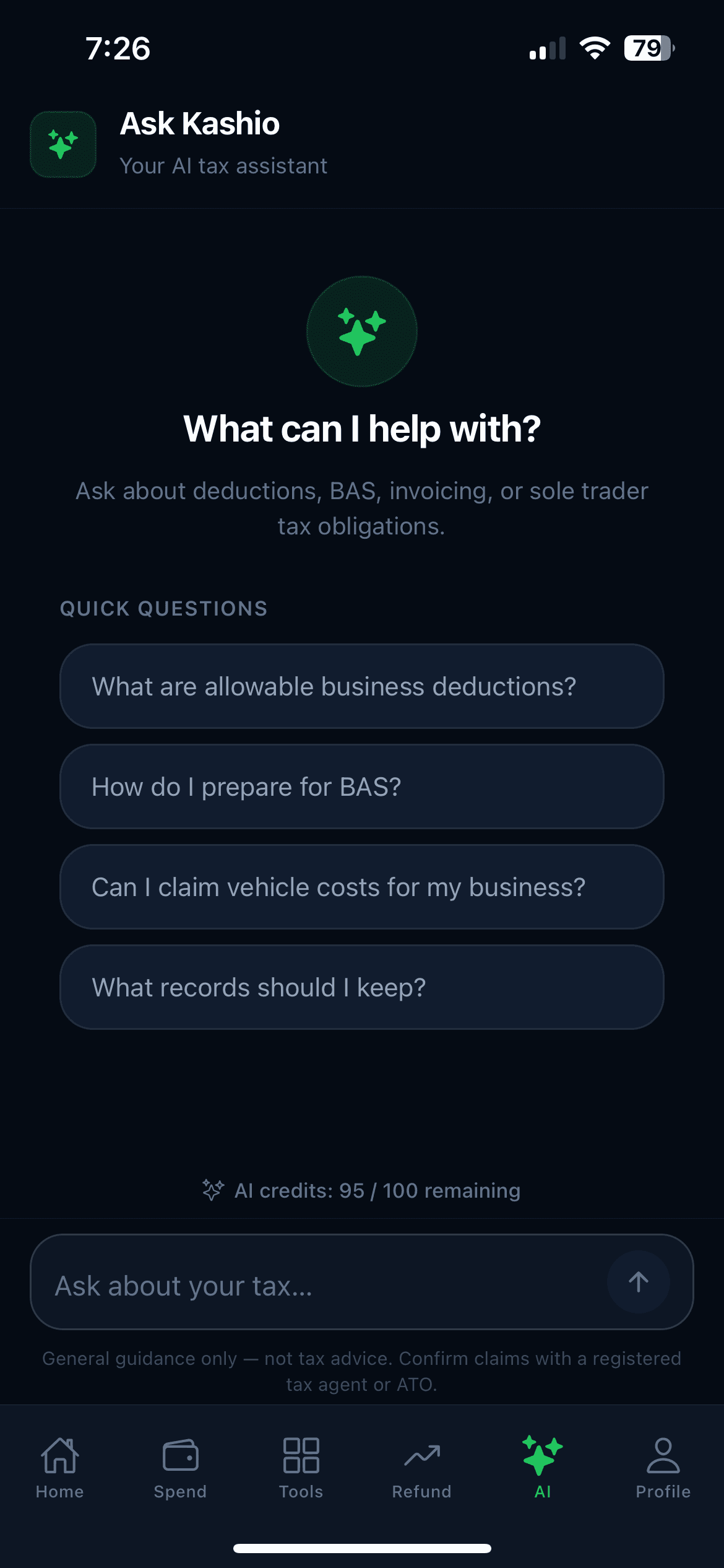 Kashio Ask Kashio AI assistant with remaining monthly AI credits shown