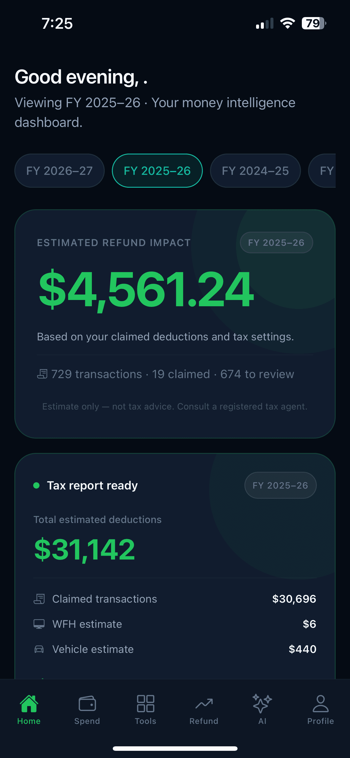 Kashio home dashboard showing refund impact and a tax report ready to export