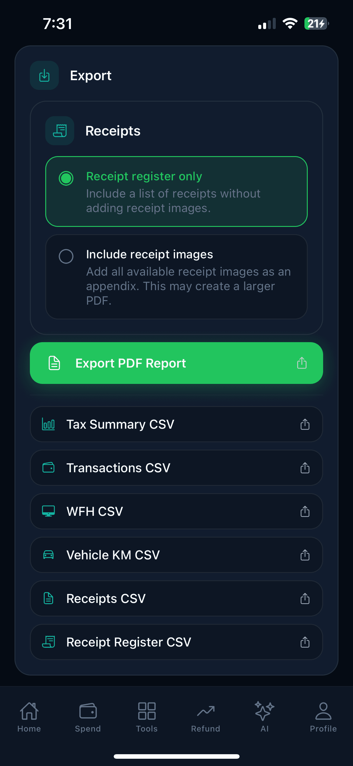 Kashio export screen with a PDF report and CSV exports, including the consolidated accountant report