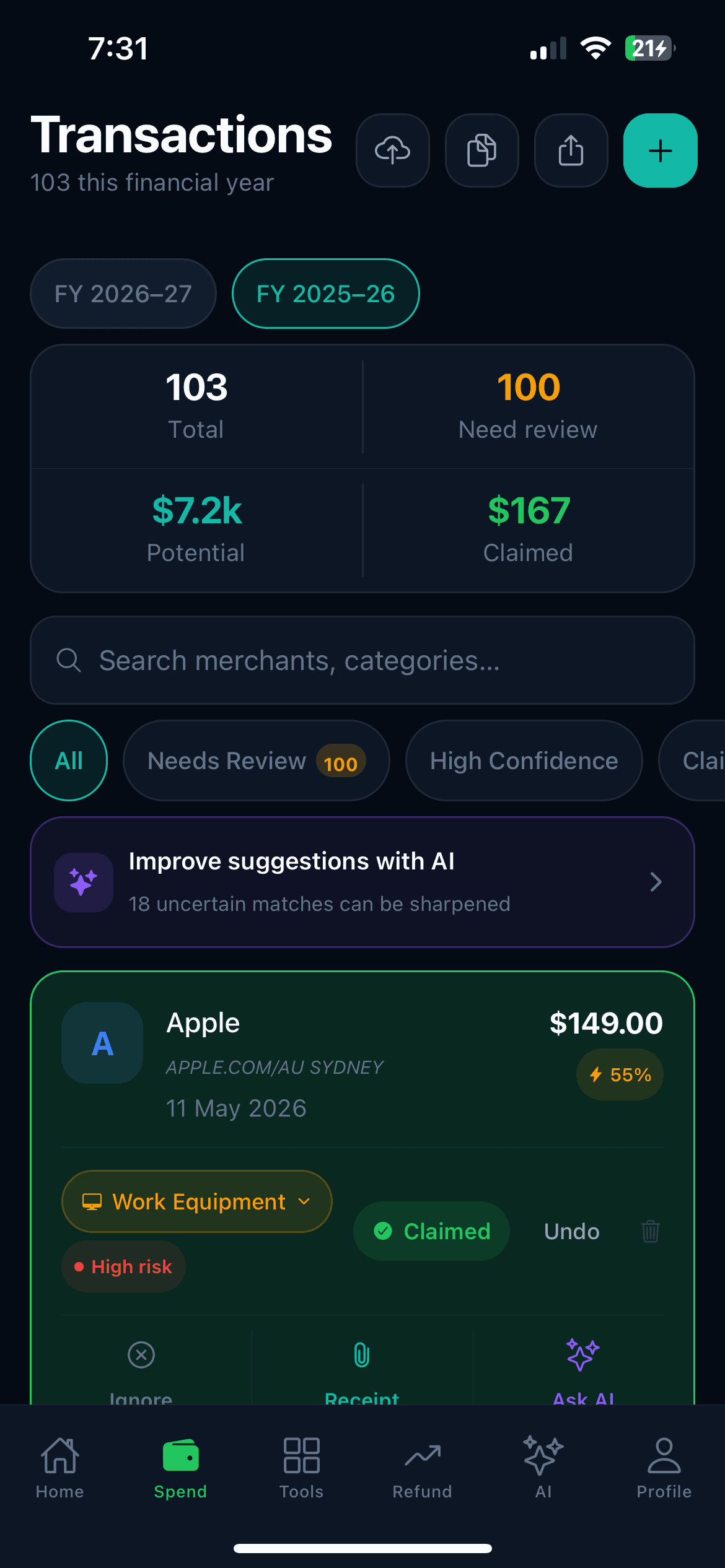 Kashio transactions screen — a needs-review queue with confidence scores on each transaction