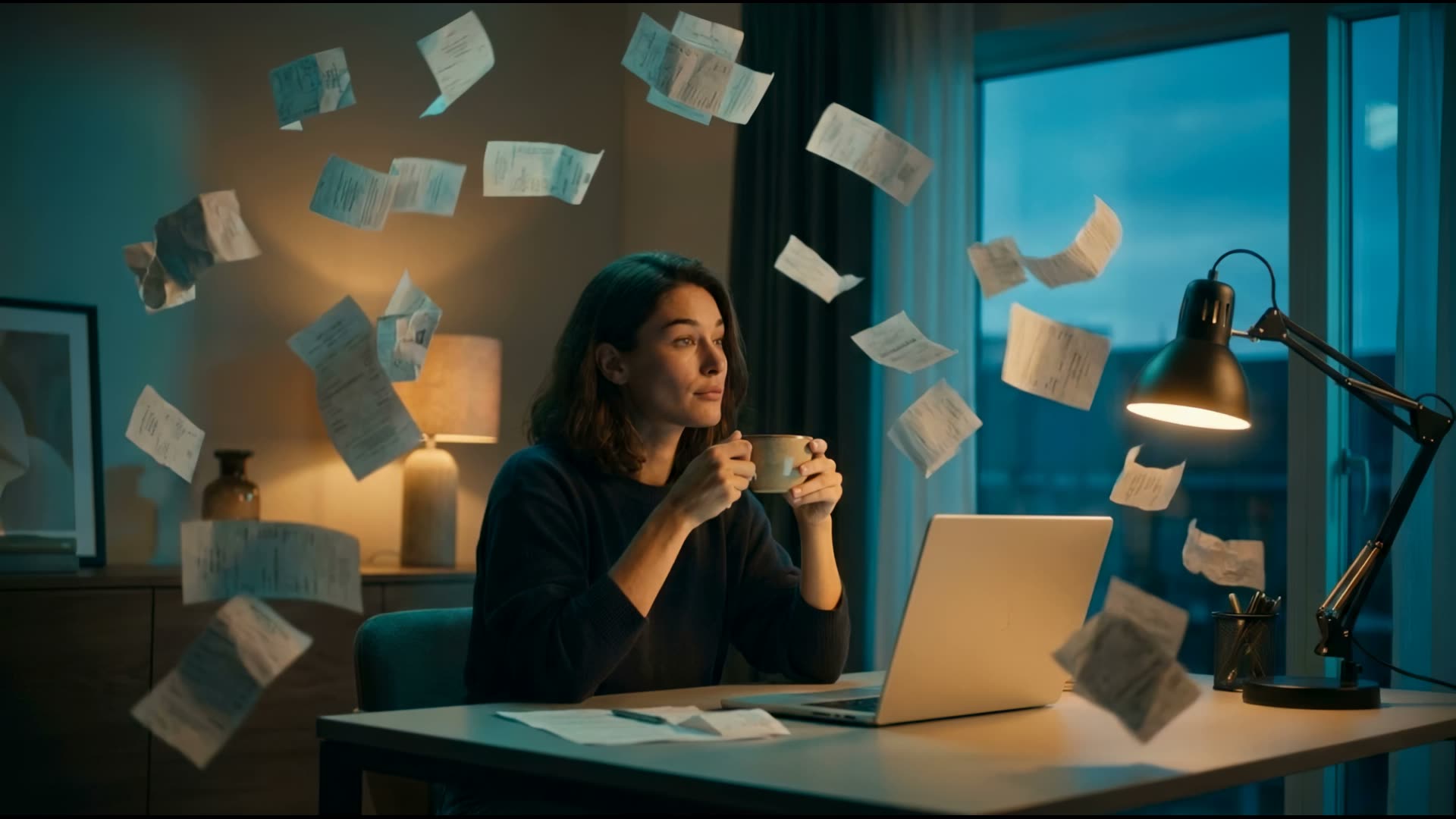 Scattered tax paperwork resolving into an organised summary.