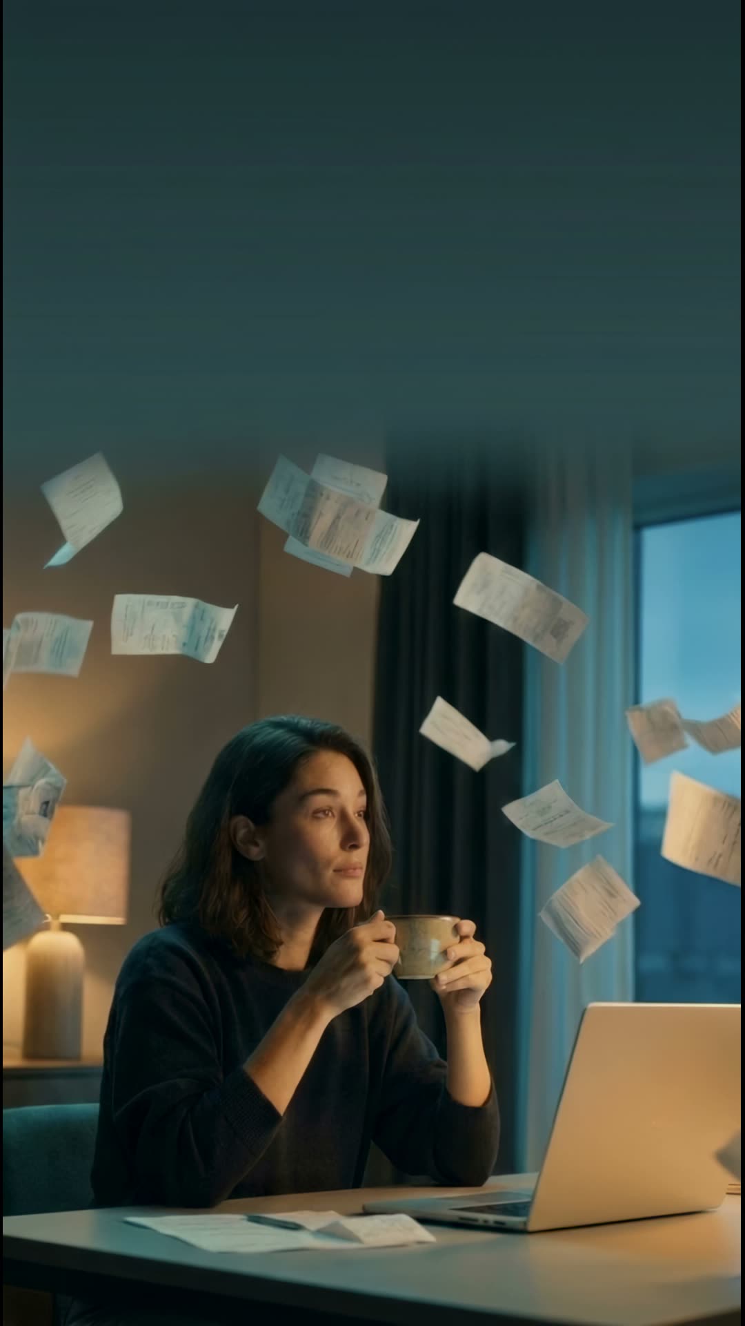 Scattered tax paperwork resolving into an organised summary.